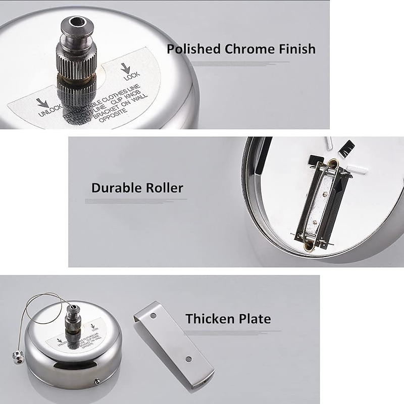 Retractable Clothesline SUS304 Stainless Steel Clothes Dryer with Adjustable Stainless Steel Rope String Hotel Style Heavy Duty,2.8M（9.2 Feets）,Polished Chrome Finish3