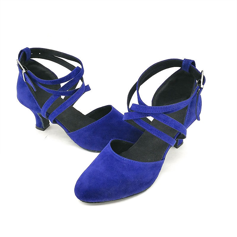 Women's Royal Blue Suede Latin Dance Shoes – Closed Toe Heels with Crisscross Straps for Salsa, Ballroom & Performance2