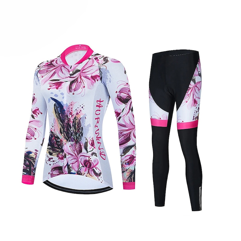 Women's Cycling Jersey with Bib Tights Long Sleeve Mountain Bike MTB Road Bike Cycling Red White Black Red Floral Botanical Bike Breathable Quick Dry Spandex Sports Floral Botanical Clothing Apparel
