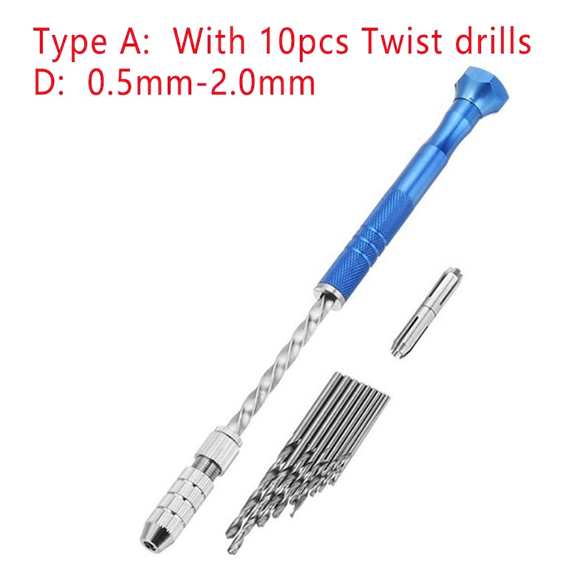 0.5-3mm Semi-automatic Mini Hand Twist Drill Set With 10pcs Small Bits And 2pcs Double Side Chucks For Drilling Wood4