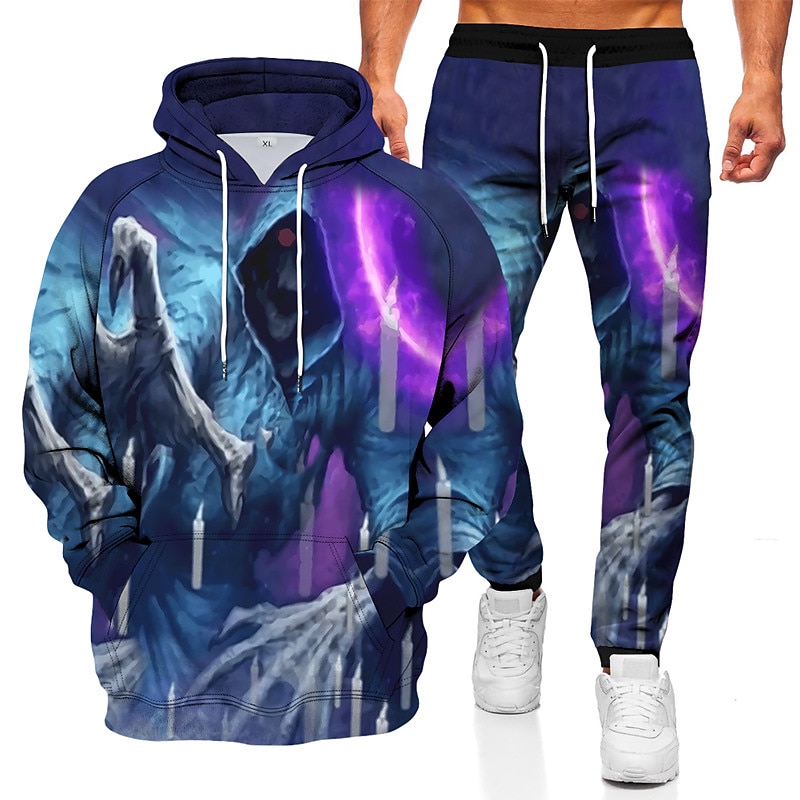 Men's Tracksuit Hoodies Set Wine Red Royal Blue Blue Brown Coffee Hooded Graphic Skull 2 Piece Print Sports & Outdoor Casual Sports 3D Print Polyester Streetwear Sportswear Basic Spring Fall Clothing