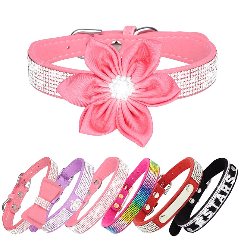 Pet Collar Rhinestone Dog Collar Lettering Nameplate Dog Collar Anti-lost Removable Flower Cat Scarf