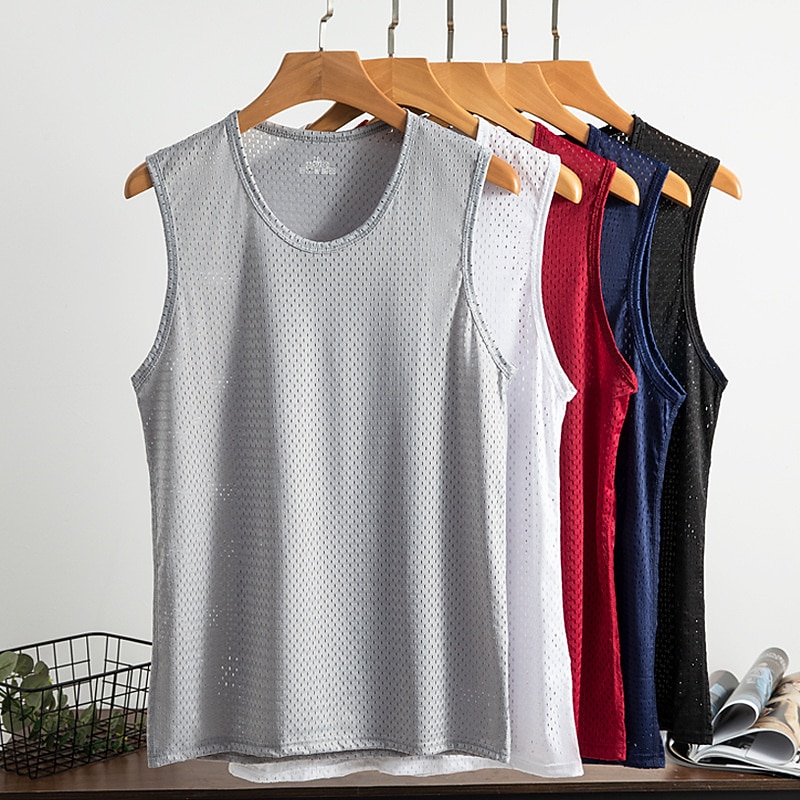 Men's Tank Top Vest Top Undershirt Sleeveless Shirt Sleeveless Crew Neck Summer Solid Color Casual Comfortable Mesh Outdoor Street Daily Black White Navy Blue Top Tee for Men