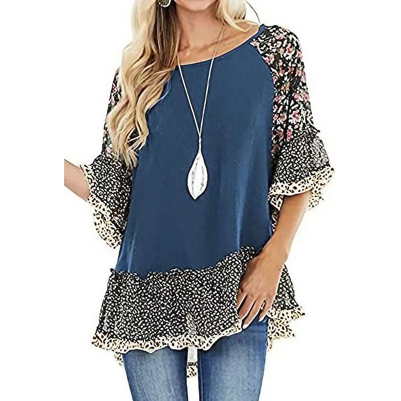 Women's Shirt Boho Shirt Tunic Blouse Floral Leopard Streetwear Casual 3/4 Length Sleeve Round Neck Regular Tops Daily Weekend Ruffle Print Flowing tunic Black White Light Green Blue Fuchsia