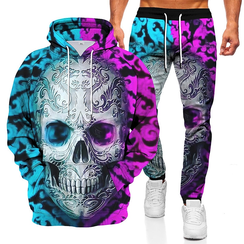Men's Tracksuit Hoodies Set Wine Red Royal Blue Blue Brown Coffee Hooded Graphic Skull 2 Piece Print Sports & Outdoor Casual Sports 3D Print Polyester Streetwear Sportswear Basic Spring Fall Clothing2