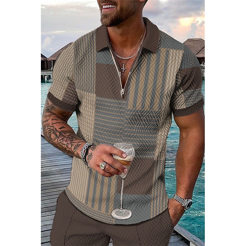 Kentucky Derby Men's Plaid Hawaiian Polo Shirts Golf Shirt Short Sleeve Polo Shirts Collared Shirts Casual Beach Wear Vacation Wear Party Outfits 3D Print Quarter Zip Polo White Yellow Khaki3