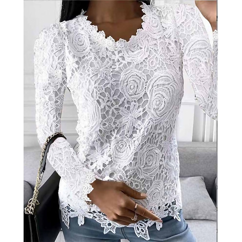 Women's Shirt Blouse White Eyelet Tops Black White Pink Plain Lace Long Sleeve Work Streetwear Casual Round Neck Regular Floral S2