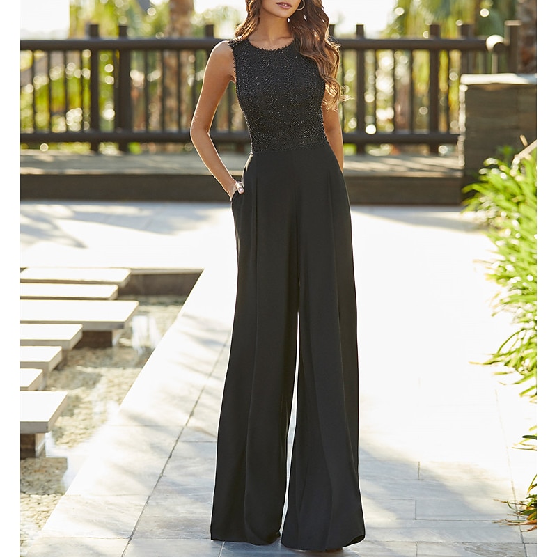 Jumpsuits Evening Gown Elegant  Prom Birthday Floor Length Sleeveless Jewel Neck Fall Wedding Guest Stretch Chiffon with Criss Cross Pure Color free custom size