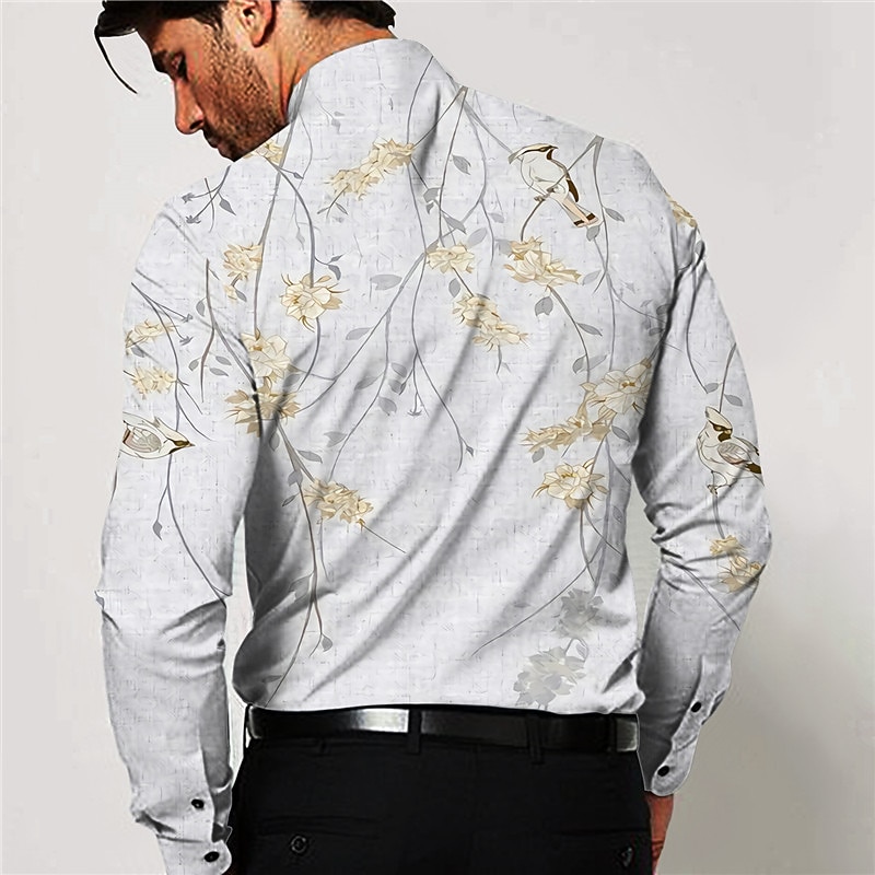 Men's Floral Shirt Button Up Shirt Long Sleeve Fashion Designer Casual Outdoor Holiday Summer Spring Stand Collar Print Button-Down White2
