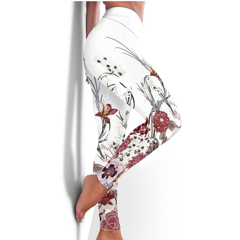 Women's Yoga Pants Butt Lift Tummy Control High Waist Gym Workout Running Fitness Tights Leggings Bottoms Floral Black / Red White+Yellow White Spandex Fall Winter Sports Activewear Stretchy 18