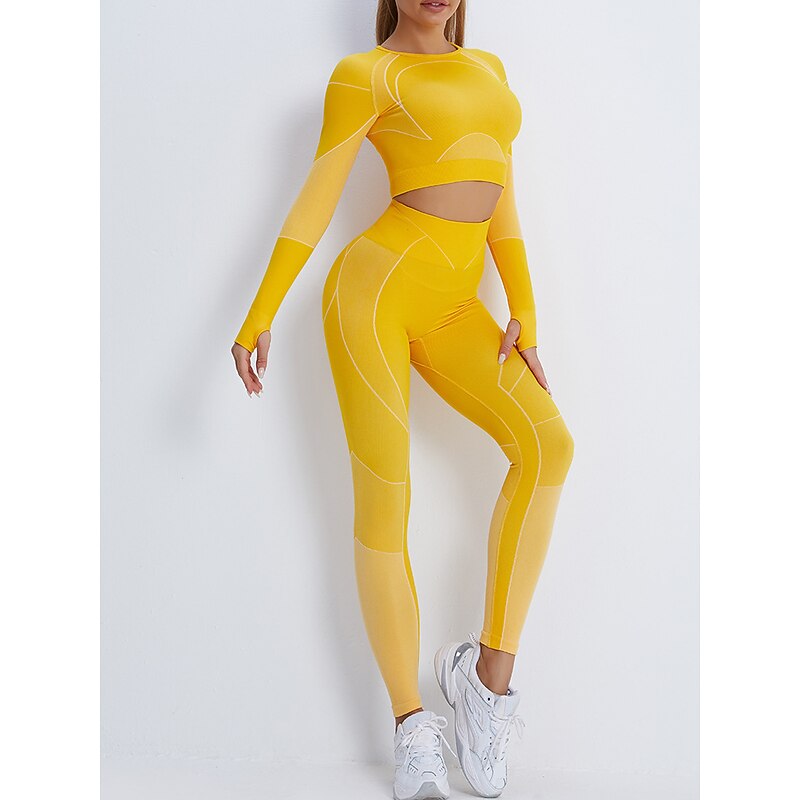 Women's Activewear Set Workout Sets Winter 2 Piece Cropped Stripes Leggings Crop Top Yellow Pink Spandex Yoga Fitness Gym Workout Tummy Control Butt Lift Breathable Sport Activewear Stretchy 11
