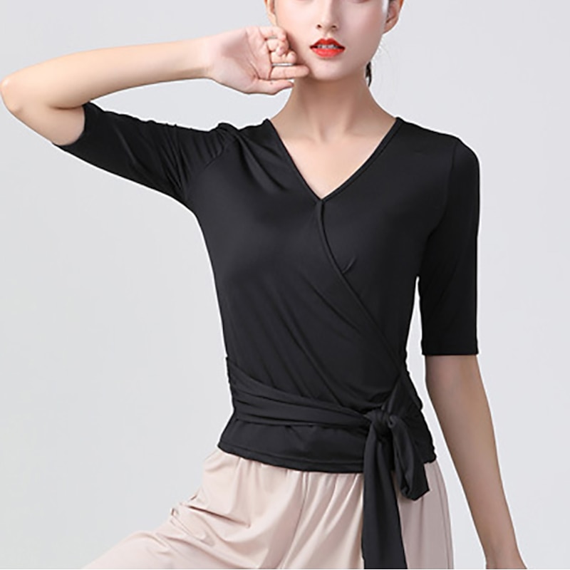 Latin Dance Top Cinch Cord Women's Training Daily Wear Half Sleeve Elastane