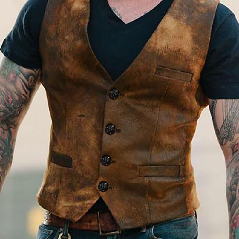 Men's Vest Suit Vest Gilet Party Evening Festival Vintage Casual Cotton Blend Color Block Single Breasted One-button V Neck Slim Brown Vest2