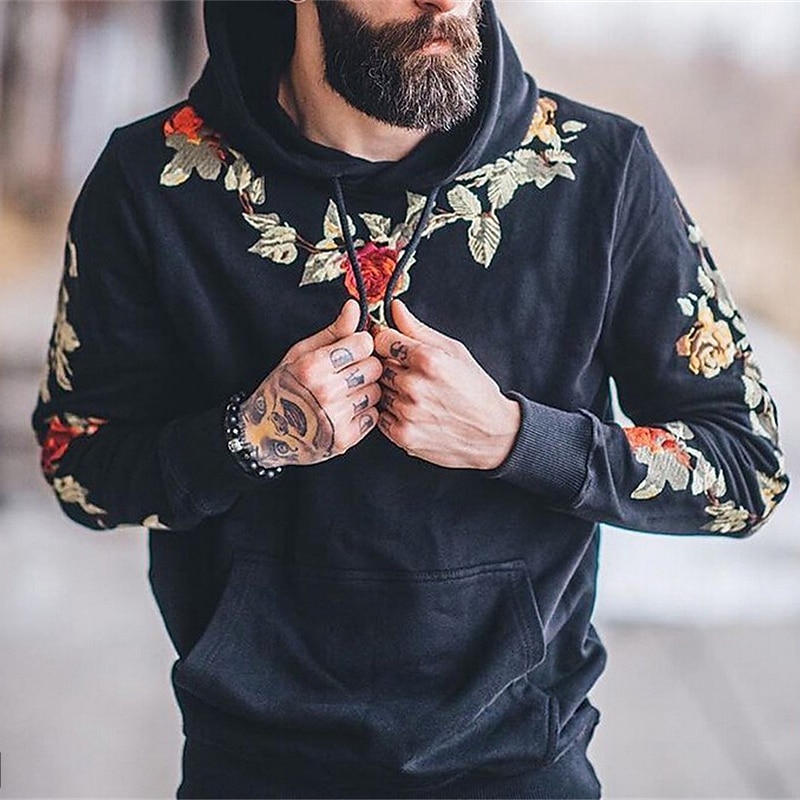 Men's Floral Graphic Hoodie Hoodies Sweatshirt Streetwear Casual Long Sleeve Hooded Daily Holiday Going out Black White Pocket Print Fall & Winter Designer3