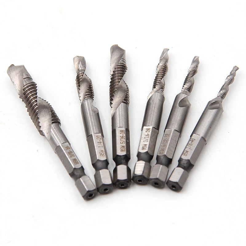 6pcs 1/8-3/8 Inch Thread HSS Combination Drill Tap Bit Set 1/4 Inch Hex Shank Deburr Countersink Bits