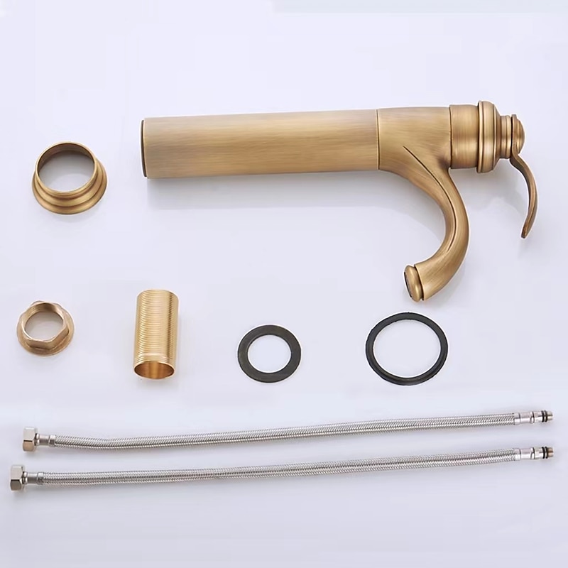 Bathroom Sink Faucet,Antique Brass Traditional Style Single Handle One Hole Bath Taps with Hot and Cold Switch and Ceramic Valve2