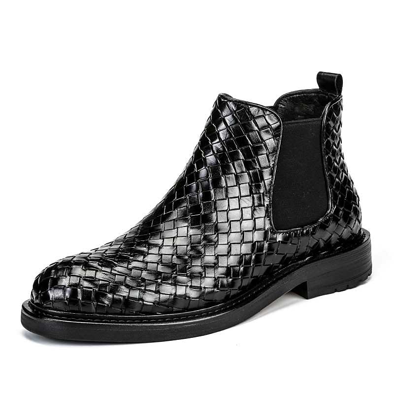 Men's Faux Leather Woven Chelsea Boots - Stylish Black Slip-On Ankle Boots with Elastic Side Panels
