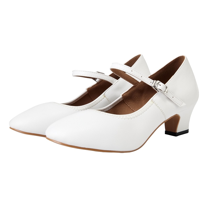 White Faux Leather Mary Jane Dance Shoes with Low Heel and Adjustable Strap – Elegant Footwear for Women3