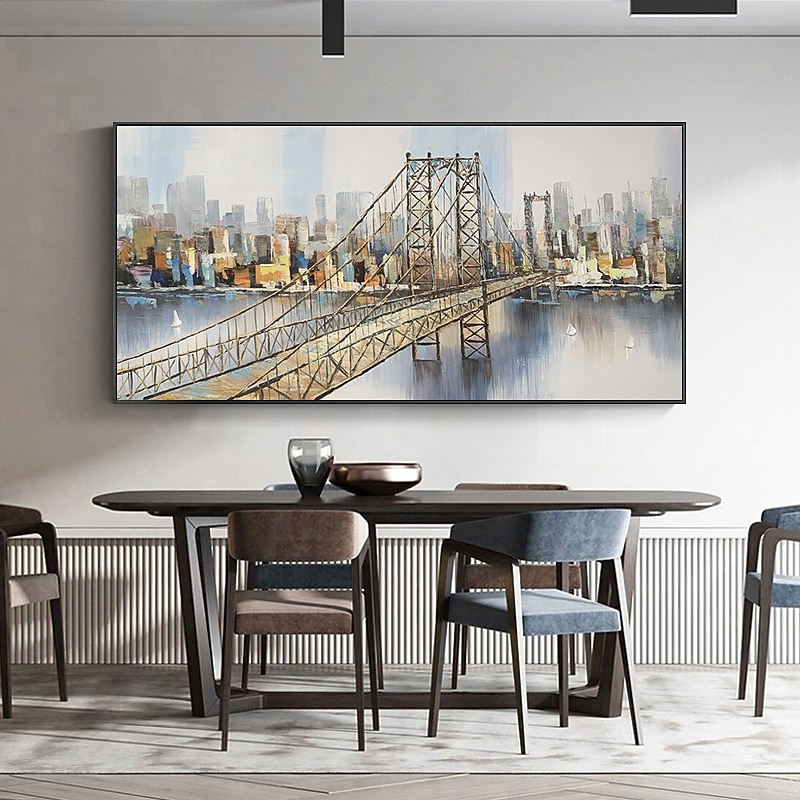 Handmade Oil Painting Canvas Wall Art Decor Original City Iron Bridge Painting Abstract Architecture Painting for Home Decor Rolled Frameless Unstretched Painting