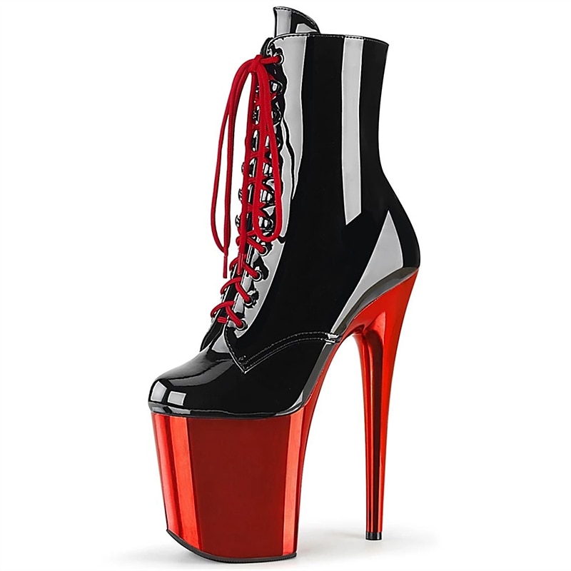 Women's Sexy Platform Lace-Up Stiletto Heeled Dance Boots - Black and Red Patent Leather Ankle Boots for Performances, Night Out, and Cosplay