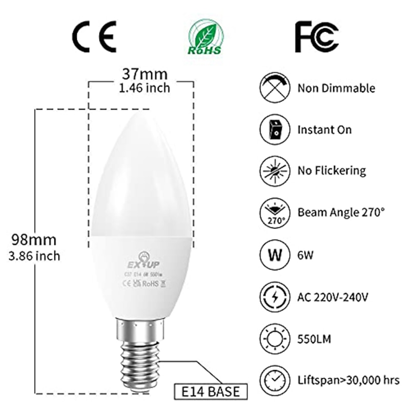 12pcs 6pcs 6W Candle Candelabra LED Light Bulb 600lm E14 C37 20 LED Beads SMD 2835 60W Halogen Equivalent Warm Cold White 110-240V4