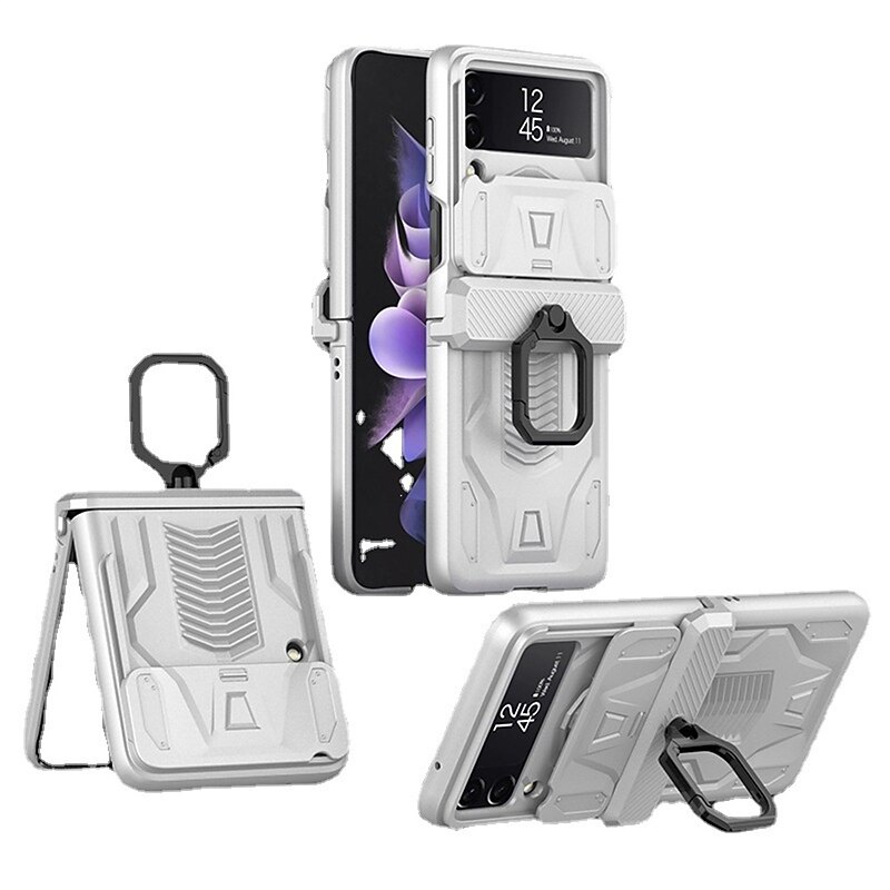 Phone Case For Samsung Galaxy Z Flip 4 Z Flip 3 Heavy Duty Ring Holder Magnetic Camera Lens Protector Solid Colored PC