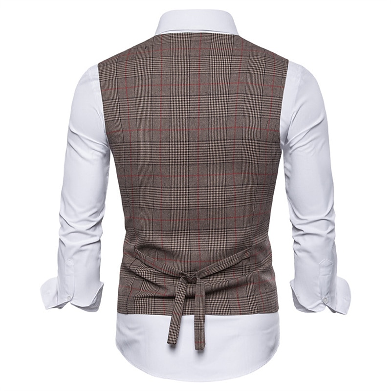 Men's Vest Waistcoat Wedding Work Business Daily Business Casual Winter Pocket Polyester Windproof Quick Dry Plaid / Check Single Breasted V Neck Regular Fit Light Grey Dark Gray Coffee Vest4