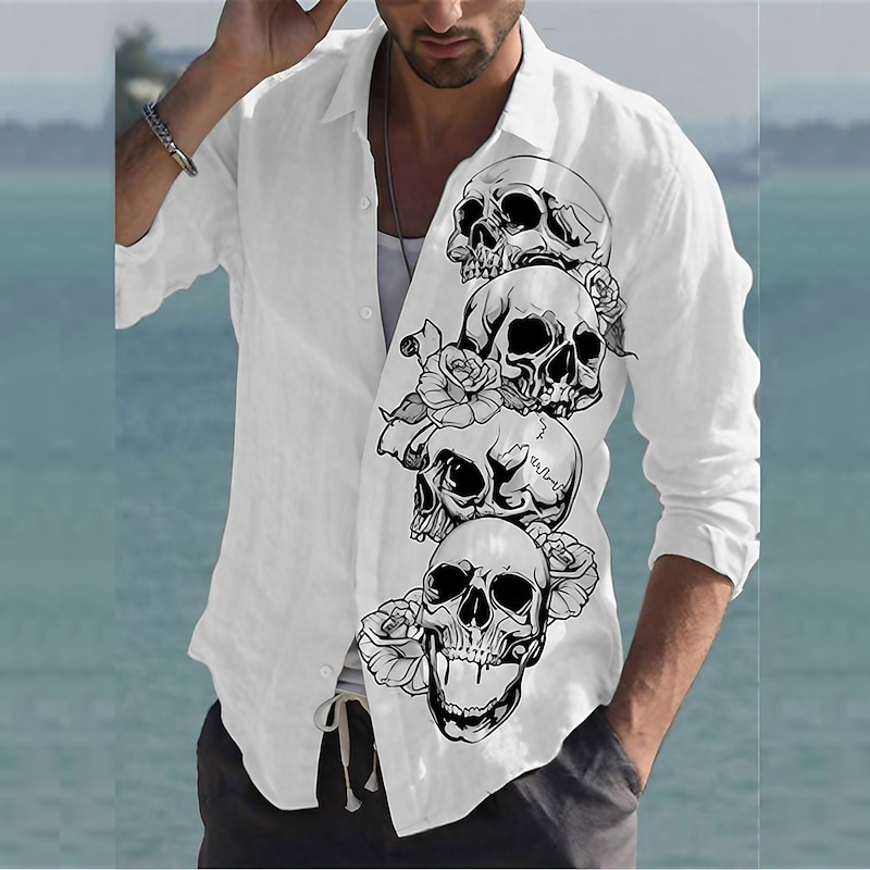 Men's Skull Halloween Costumes Shirt Button Up Shirt Long Sleeve Fashion Designer Casual Outdoor Casual Daily Spring &  Fall Turndown Print Button-Down White