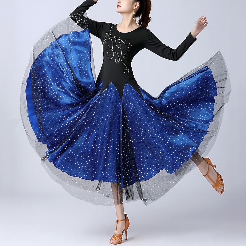Ballroom Dance Dress Splicing Tulle Women's Training Performance Long Sleeve High Tulle Polyester