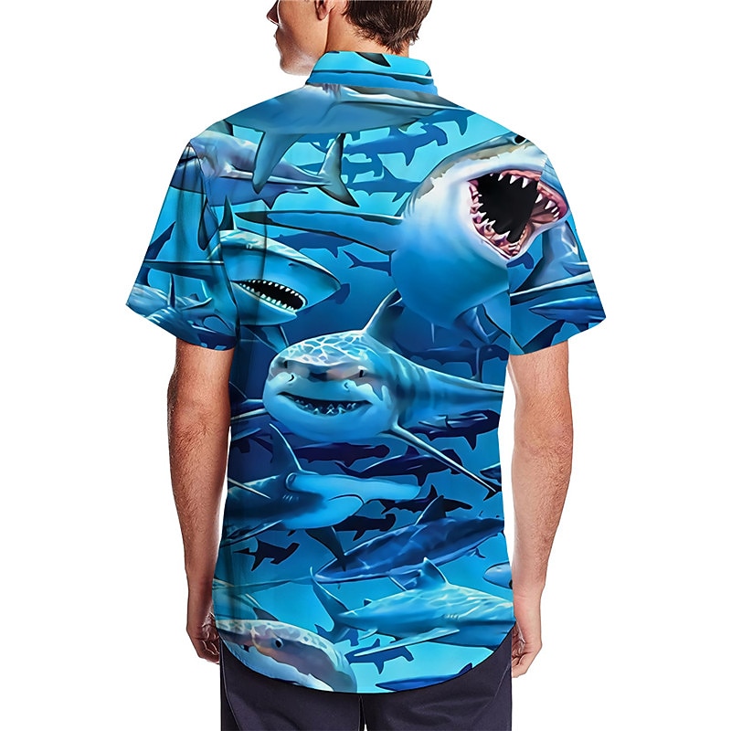 Men's Animal Shark Tropical Shirt Summer Hawaiian Shirt Camp Collar Shirt Short Sleeve Shirt Turndown Fashion Designer Casual Outdoor Street Casual Black Blue Dusty Blue 3D Print S M L2