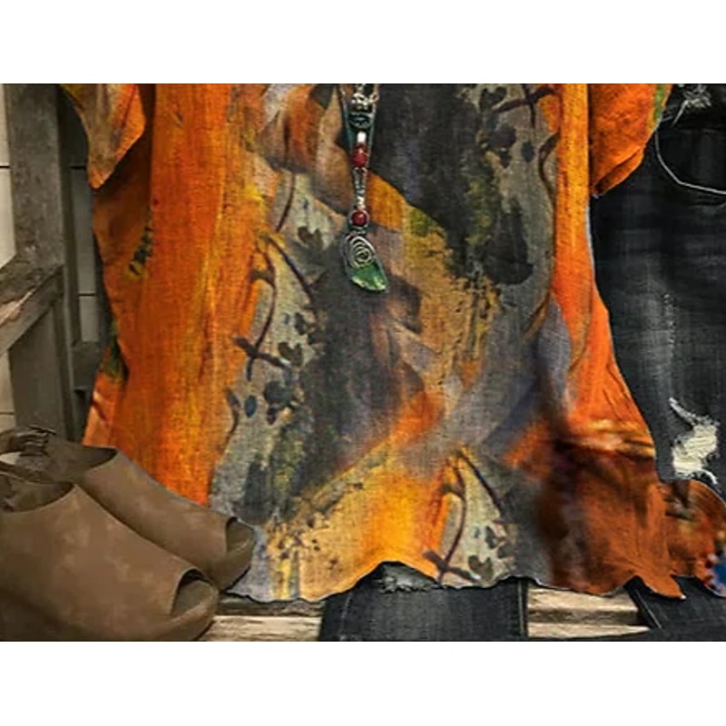 Women's Plus Size Blouse Chiffon Vintage Casual Print Dolman Sleeve Short Sleeve Crew Neck Vacation Daily Dark Yellow Summer Spring3