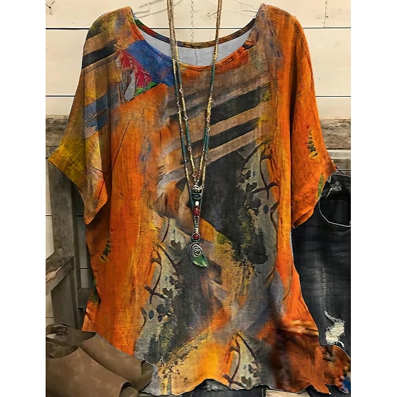 Women's Plus Size Blouse Chiffon Vintage Casual Print Dolman Sleeve Short Sleeve Crew Neck Vacation Daily Dark Yellow Summer Spring