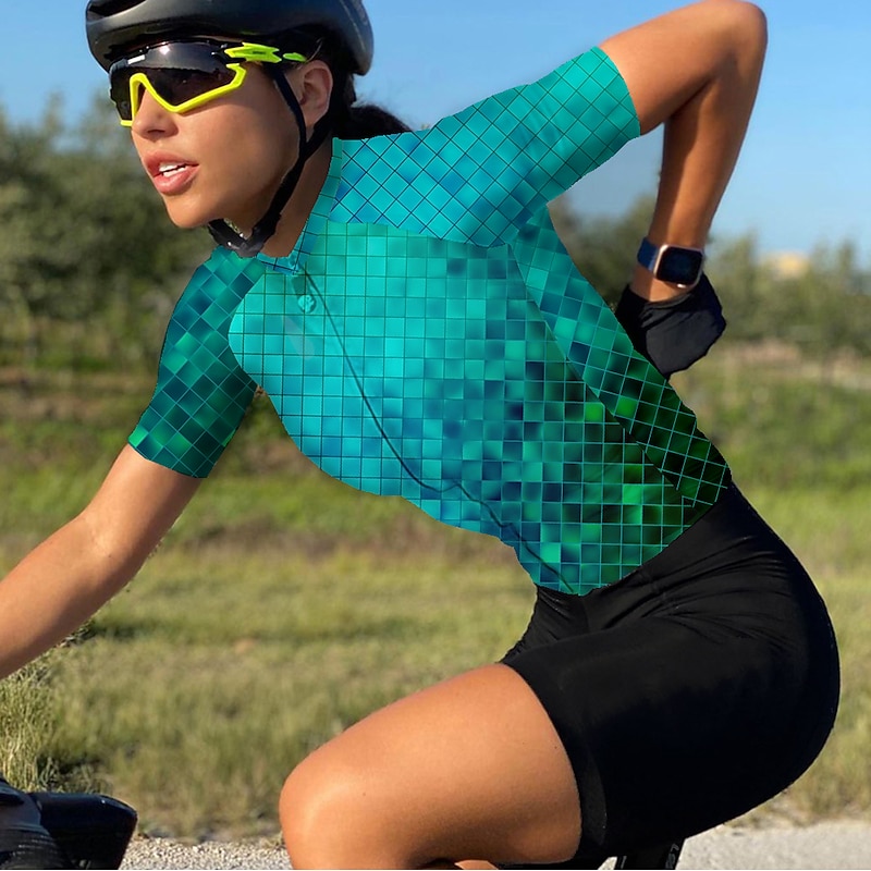 Women's Cycling Jersey Geometric Short Sleeve Bike Jersey Top with 3 Rear Pockets Mountain Bike MTB Road Bike Cycling Quick Dry Reflective Strips Back Pocket Moisture Wicking Sports Red Blue Sky Blue