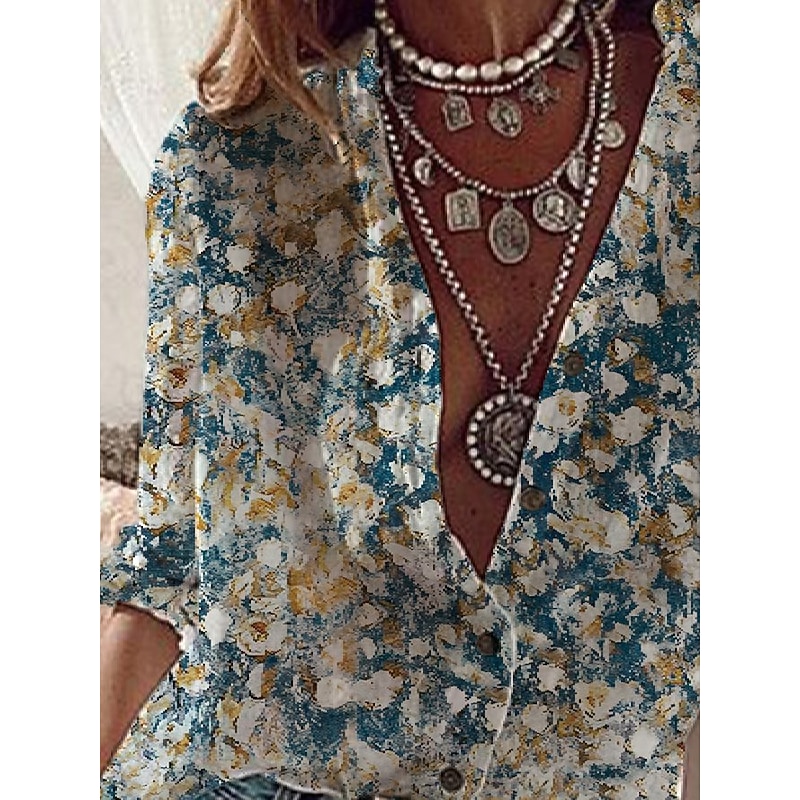 Women's Shirt Long Sleeve Button Down Blouse Tunic Streetwear Casual Floral Buttons Print Regular Tops Daily Weekend Blue Spring Fall2