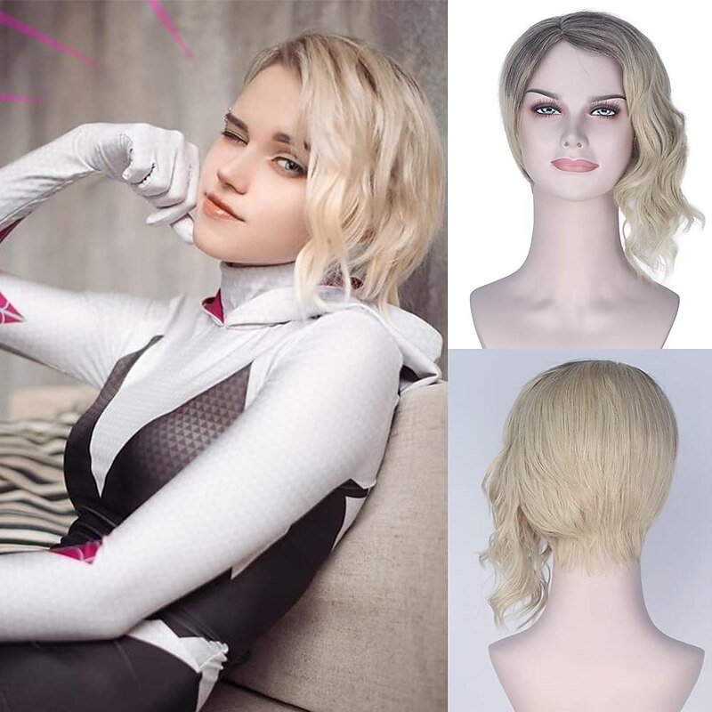 The Movie Spider-Man Into the Spider-Verse of Gwen Stacy Cosplay Wigs for Women Short Brown Ombre Blonde Half Curly Half Straight Synthetic  Wig for Girls  Use Halloween Wigs