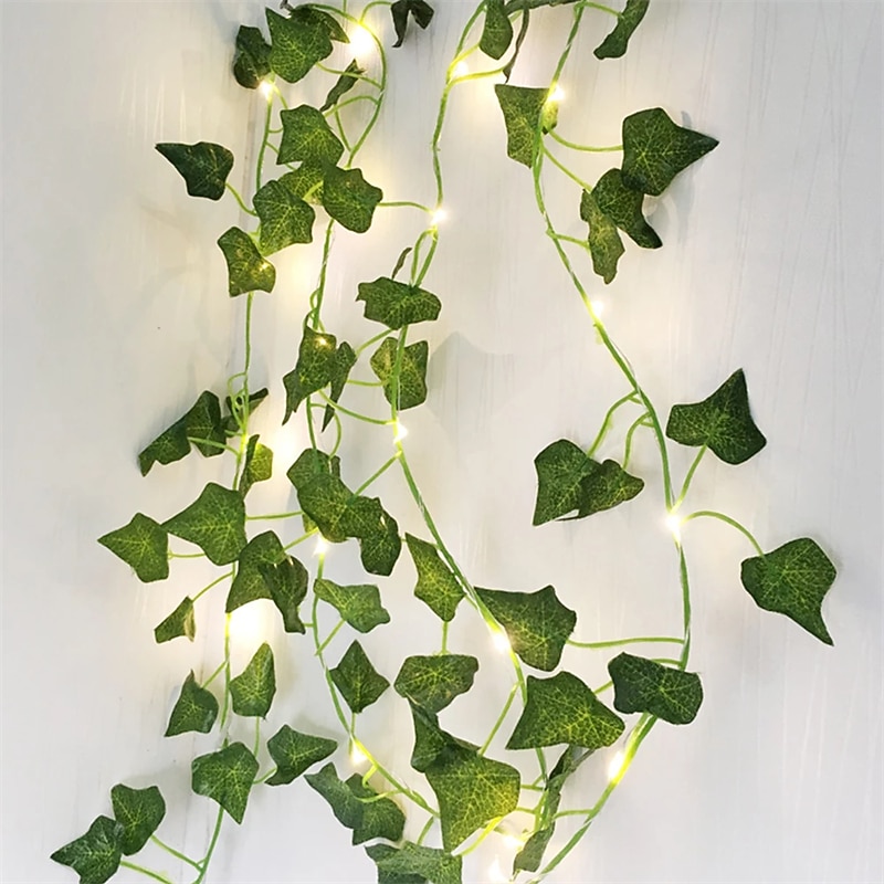 Artificial Plants LED String Light 2M Creeper Green Leaf Home Christms Wedding Outdoor Ivy Vine Fairy Lights Decoration Lamp DIY Hanging Garden Patio Yard (without Battery)