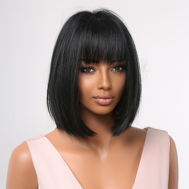 HAIRCUBE Hair Short BOB Black Wigs With Bangs for Women Natural Straight 12 inch Wigs Daily2
