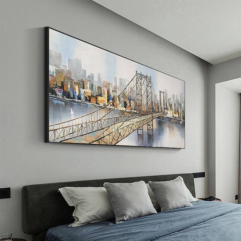 Handmade Oil Painting Canvas Wall Art Decor Original City Iron Bridge Painting Abstract Architecture Painting for Home Decor Rolled Frameless Unstretched Painting3