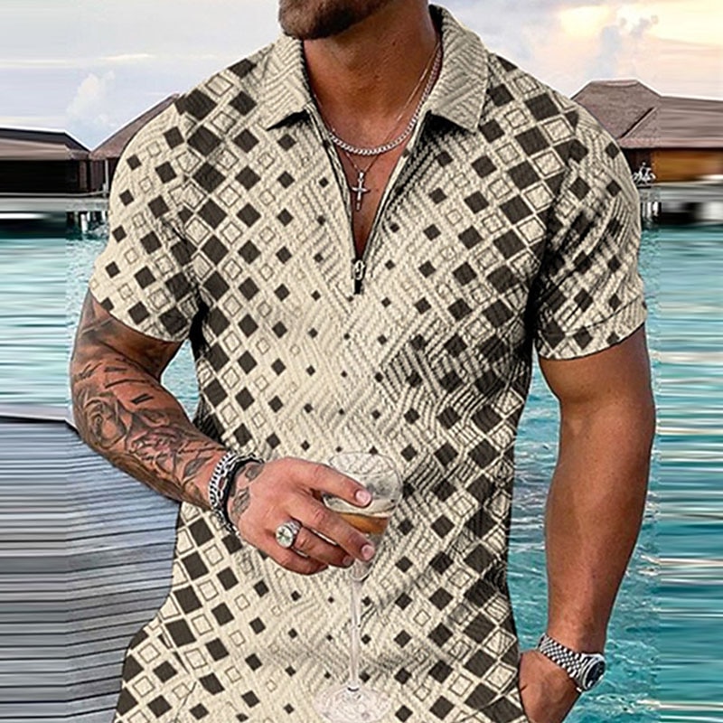 Kentucky Derby Men's Plaid Hawaiian Polo Shirts Golf Shirt Short Sleeve Polo Shirts Collared Shirts Casual Beach Wear Vacation Wear Party Outfits 3D Print Quarter Zip Polo White Yellow Khaki4