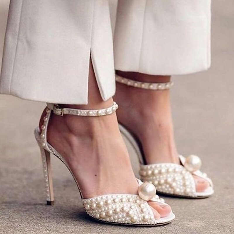 Women's Pearl-Embellished Stiletto Heels - Elegant Bridal Wedding Shoes with Ankle Strap and Open Toe Design3