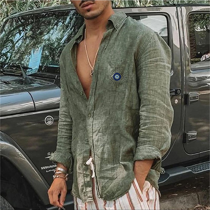 Men's Linen Shirt Summer Shirt Beach Shirt Designer Shirt Graphic Outdoor Street White Blue Green Khaki Long Sleeve Turndown Summer Spring Clothing Apparel Print