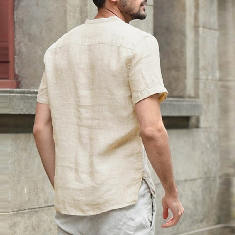 Men's Linen Shirt Band Collar Shirt Summer Shirt Beach Wear Plain Vacation Curise Black White Pink Navy Blue Short Sleeve Collar Clothing Apparel3