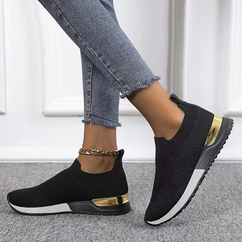 Women's Black Knit Slip-On Sneakers – Stylish Casual Shoes with Gold Heel Accent, Lightweight and Comfortable for Daily Wear2