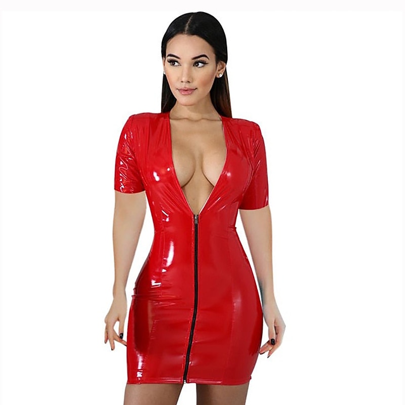 Dance Costumes Exotic Dancewear Dress Chain Pure Color Splicing Women's Training Performance Short Sleeve Dropped PU Polyester