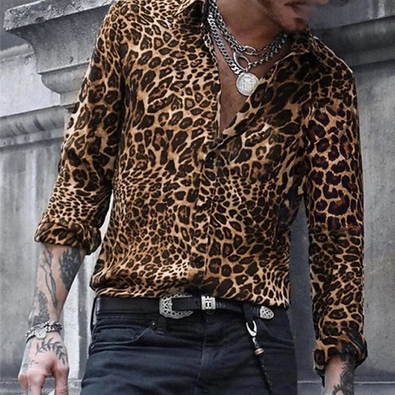 Men's Leopard Shirt Button Up Shirt Long Sleeve Designer Breathable Comfortable Daily Weekend Spring &  Fall Turndown Button-Down Light Pink Blue Brown Green Gray - Main Image