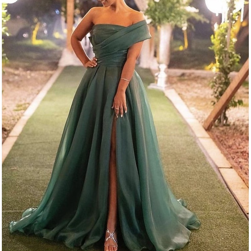 A-Line Evening Gown Dress Wedding Guest Prom Sweep / Brush Train Short Sleeve One Shoulder Organza with Ruched Slit
