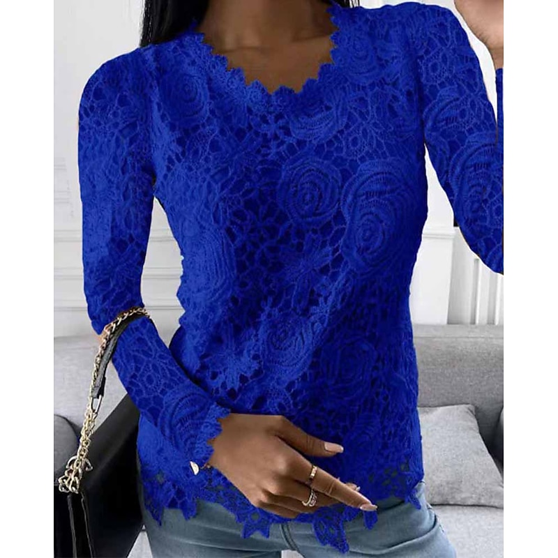 Women's Shirt Blouse White Eyelet Tops Black White Pink Plain Lace Long Sleeve Work Streetwear Casual Round Neck Regular Floral S3