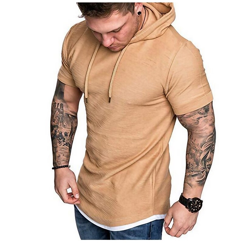 Men's T Shirt Short Sleeve Hooded Spring & Summer Plain Simple Muscle Black White Army Green Top Tee for Men