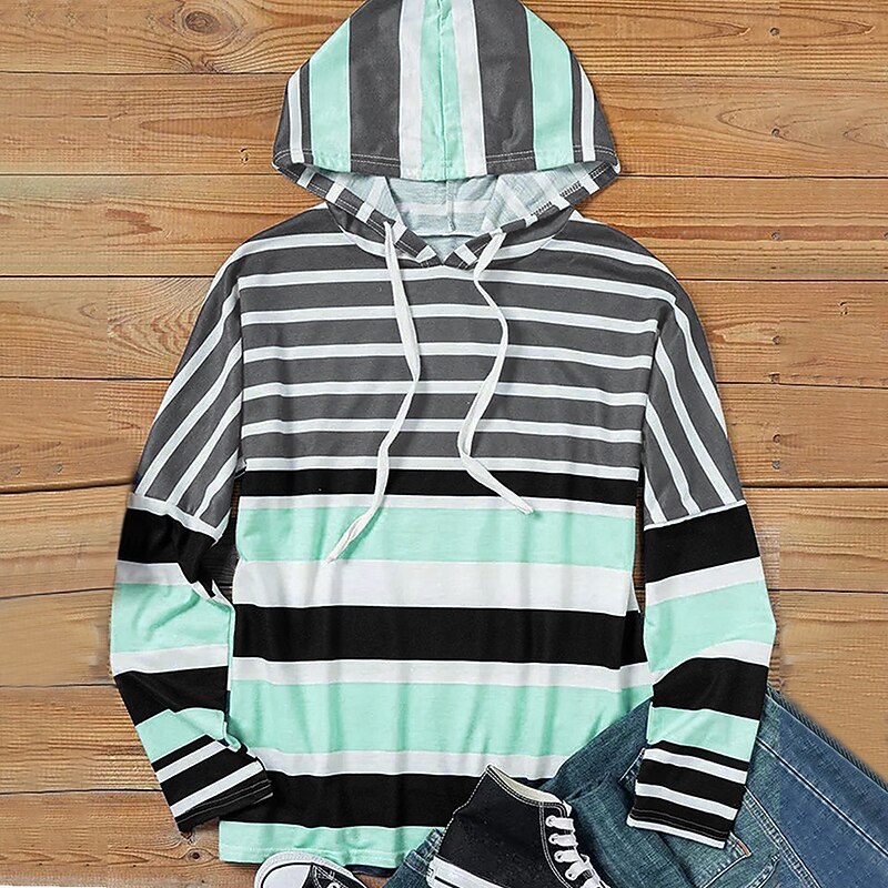 Women's Hoodie Sweatshirt Pullover Active Sportswear Striped Casual Sports Hooded Drawstring Print Long Sleeve Blue Green Fall & Winter3