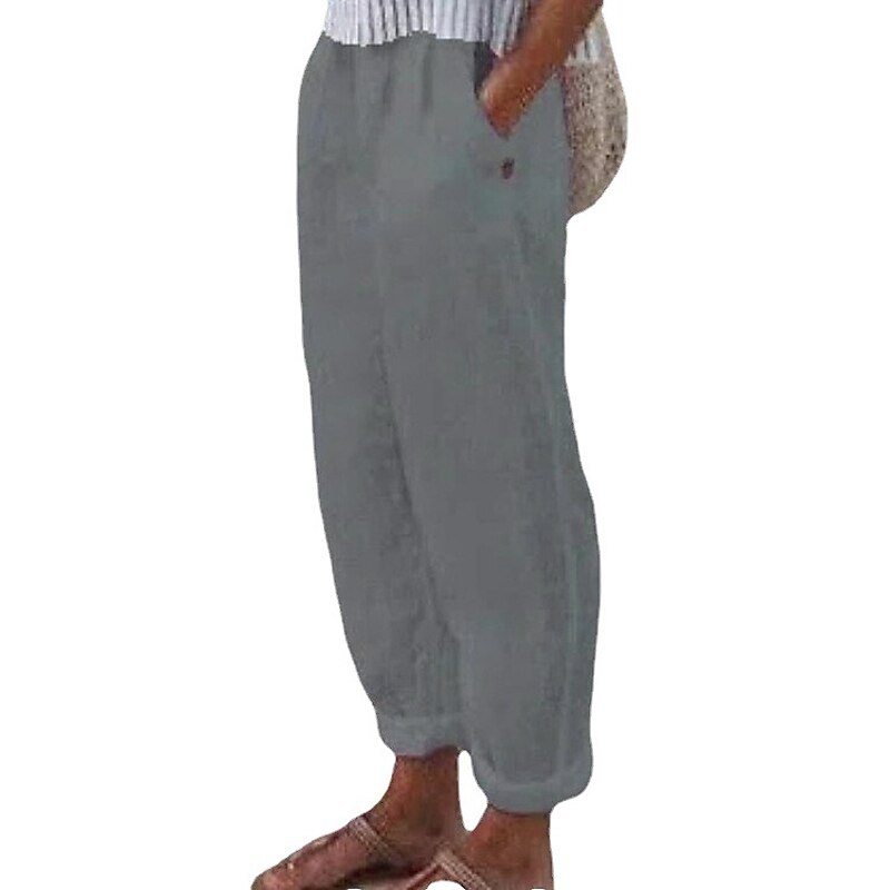 Women's Linen Pants Chinos Linen Cotton Blend Pleated Baggy Mid Waist Full Length White Summer2